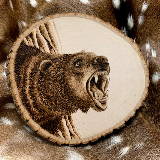 Hand-Burned Grizzly Bear on American Basswood Original Artwork by Jonathon C. Garza